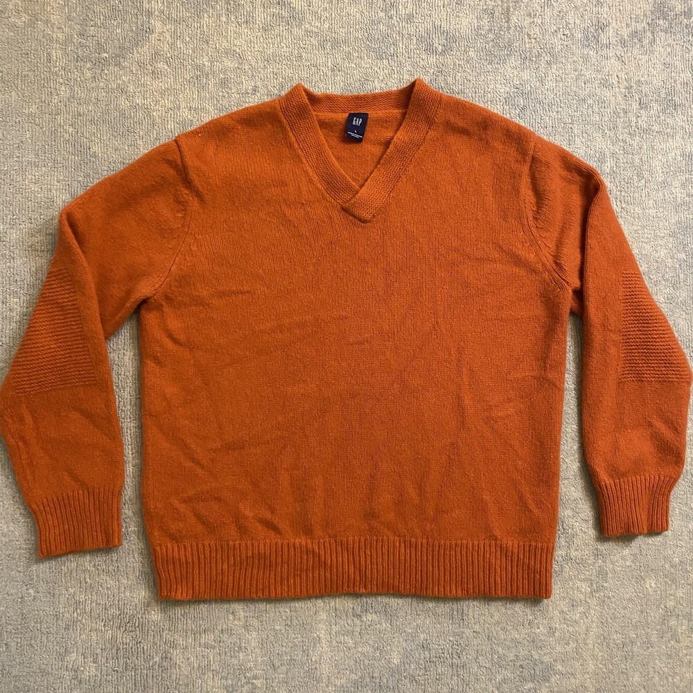 Vintage GAP Sweater Mens Large Orange V Neck Lambswool Angora Hong Kong 2000s